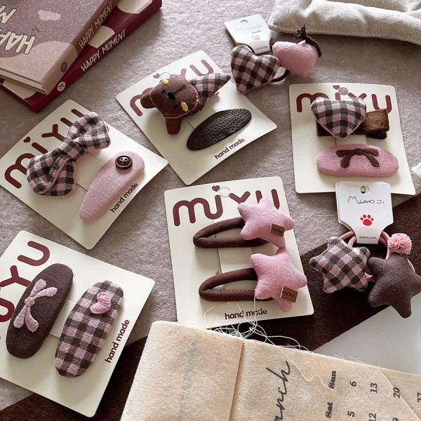 Korean fabric sweet coffee pink children's bow side hair clip with bangs, checkered star hair string hair accessory
