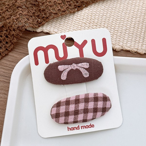 Korean fabric sweet coffee pink children's bow side hair clip with bangs, checkered star hair string hair accessory