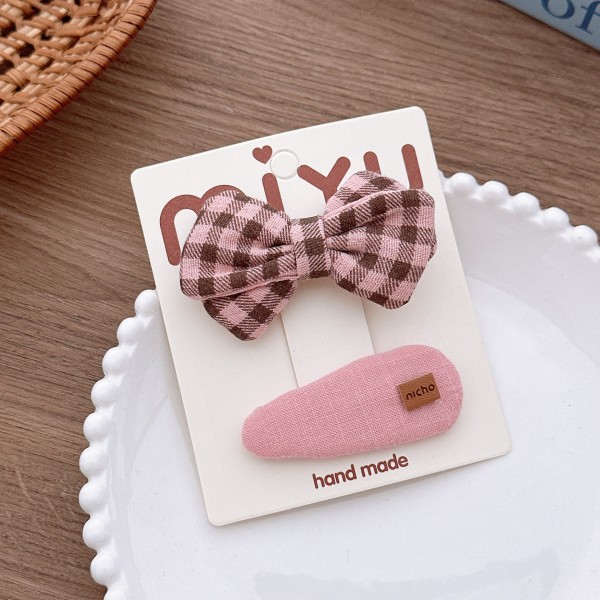 Korean fabric sweet coffee pink children's bow side hair clip with bangs, checkered star hair string hair accessory