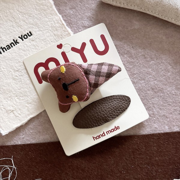 Korean fabric sweet coffee pink children's bow side hair clip with bangs, checkered star hair string hair accessory