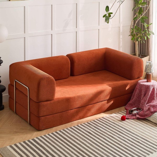 79 inch corduroy sofa bed, foldable double sofa bed with folding armrests, suitable for living rooms and small spaces