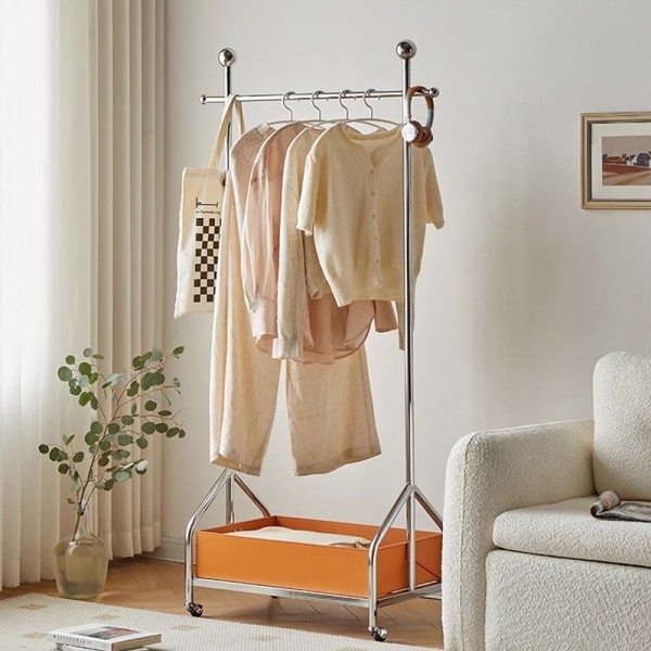 Blue Clothing Rack Designer Luxury Leather Pocket Home Movable High-end Floor Standing Clothes Rack