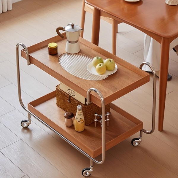 Japanese-style minimalist solid wood multi-tiered storage rack with long rainbow glass mobile side table