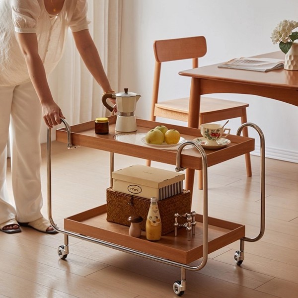 Japanese-style minimalist solid wood multi-tiered storage rack with long rainbow glass mobile side table