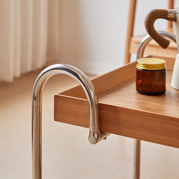 Japanese-style minimalist solid wood multi-tiered storage rack with long rainbow glass mobile side table