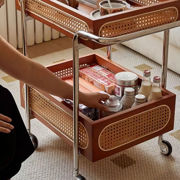 Wicker Push Cart Stainless Steel Vintage Internet Celebrity Snack Cart Mobile Food Cart Side Table