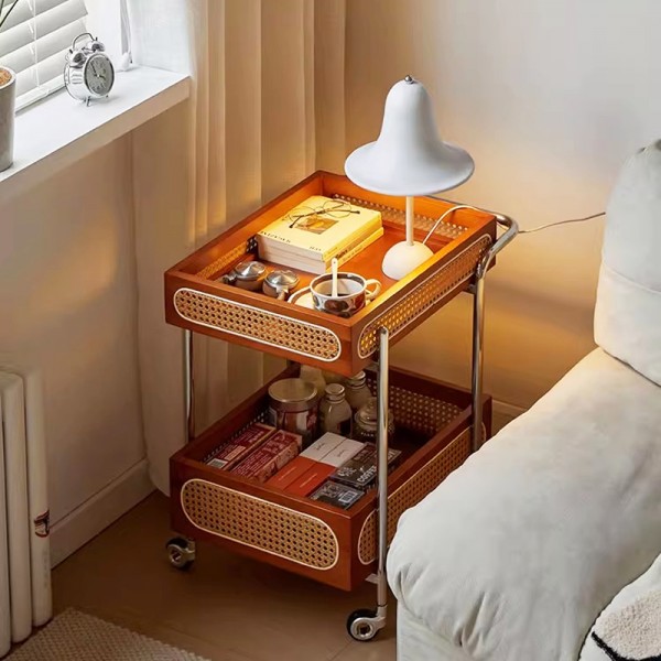 Wicker Push Cart Stainless Steel Vintage Internet Celebrity Snack Cart Mobile Food Cart Side Table