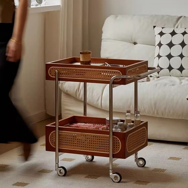 Wicker Push Cart Stainless Steel Vintage Internet Celebrity Snack Cart Mobile Food Cart Side Table