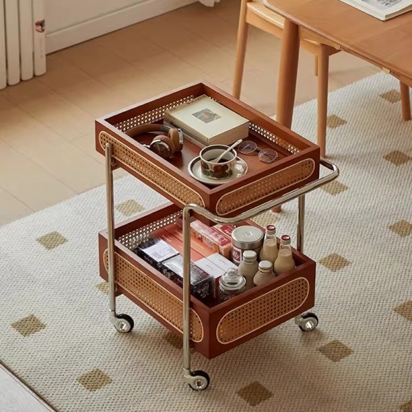 Wicker Push Cart Stainless Steel Vintage Internet Celebrity Snack Cart Mobile Food Cart Side Table