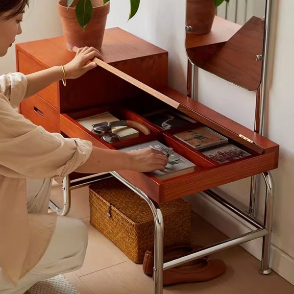 Floor-standing mirror, trendy, light luxury, solid wood, integrated dressing table, antique-style dressing mirror