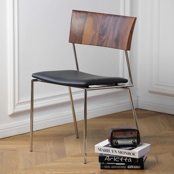 Black Walnut Antique Stainless Steel Dining Table and Chairs with Armrests, Genuine Leather Upholstered Solid Wood Backrest Chairs