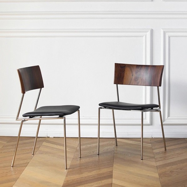 Black Walnut Antique Stainless Steel Dining Table and Chairs with Armrests, Genuine Leather Upholstered Solid Wood Backrest Chairs