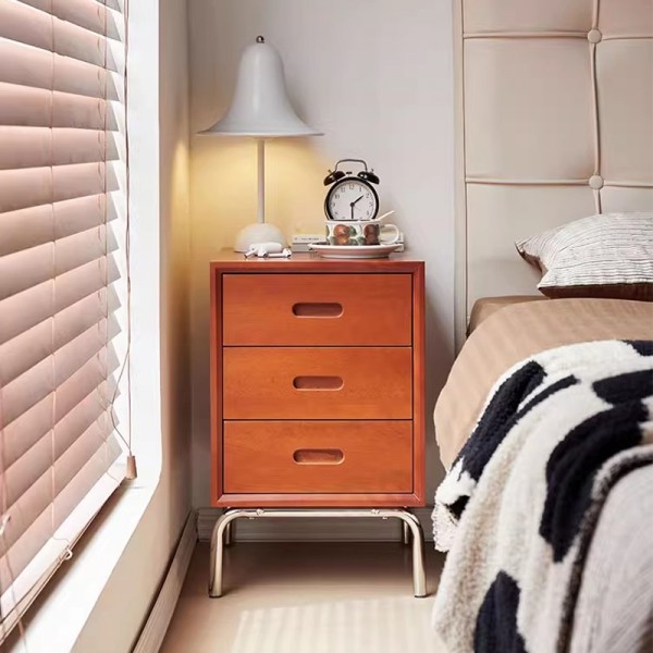 Bedside table, solid wood bedroom, ultra-narrow retro brown bedside cabinet, stainless steel, minimalist design