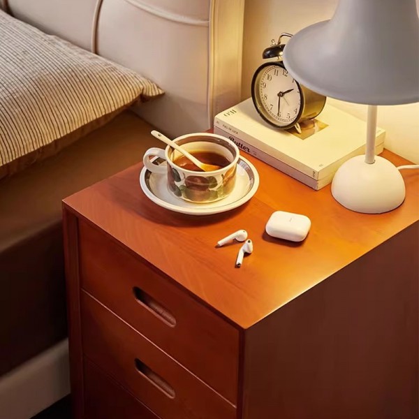 Bedside table, solid wood bedroom, ultra-narrow retro brown bedside cabinet, stainless steel, minimalist design