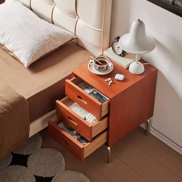 Bedside table, solid wood bedroom, ultra-narrow retro brown bedside cabinet, stainless steel, minimalist design