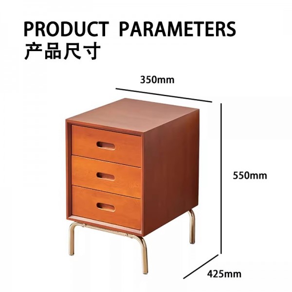 Bedside table, solid wood bedroom, ultra-narrow retro brown bedside cabinet, stainless steel, minimalist design