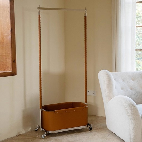 Clothes rack with hanging clothes, movable stainless steel bedroom floor-standing household dirty clothes basket storage