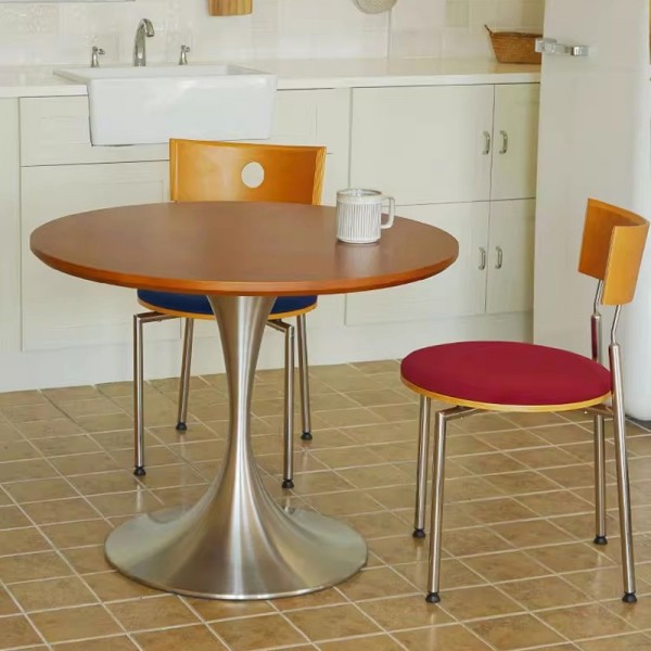 Round solid wood stainless steel luxury round retro dining table and chair set