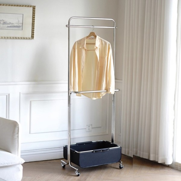 Floor-standing minimalist coat rack with storage and mobility, stainless steel bedroom coat rack