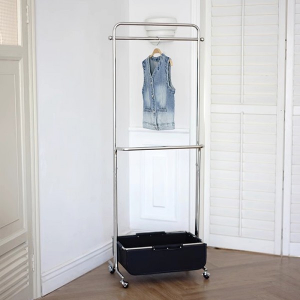 Floor-standing minimalist coat rack with storage and mobility, stainless steel bedroom coat rack