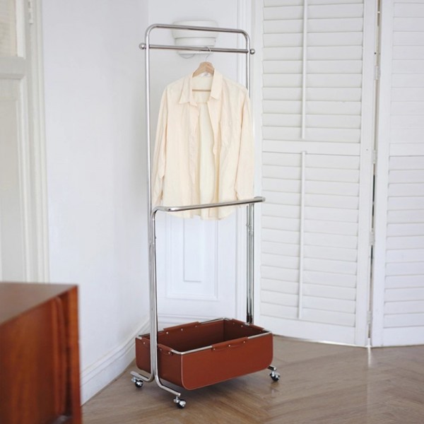 Floor-standing minimalist coat rack with storage and mobility, stainless steel bedroom coat rack