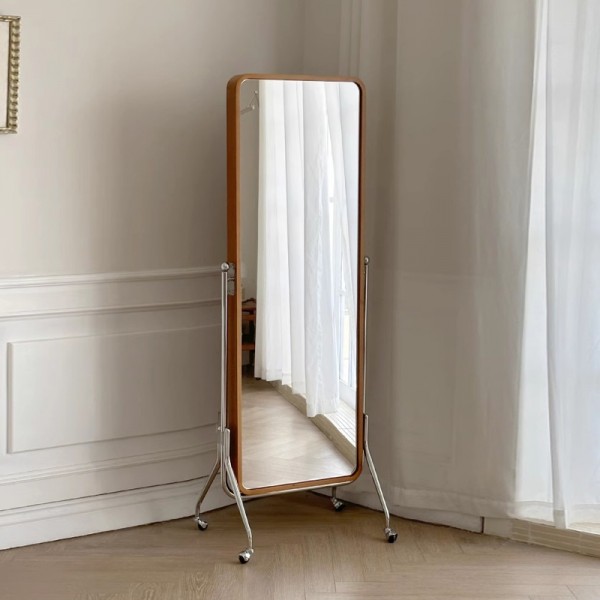 Magazine Mirror Full-length Mirror Movable Stainless Steel Floor Mirror Solid Wood Storage Rack