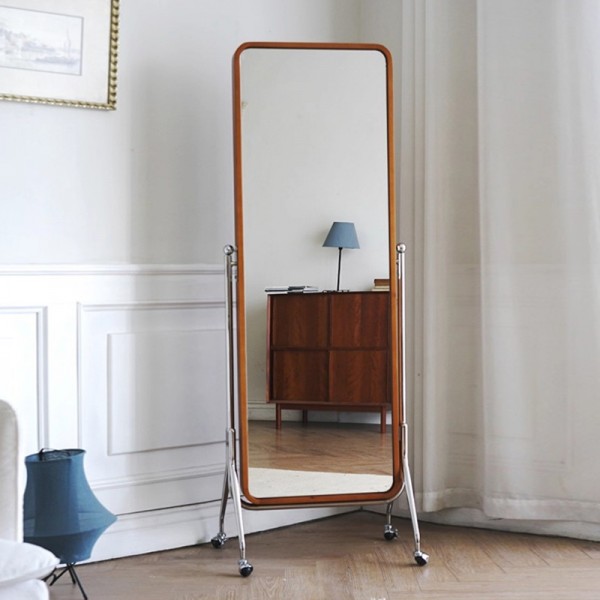 Magazine Mirror Full-length Mirror Movable Stainless Steel Floor Mirror Solid Wood Storage Rack