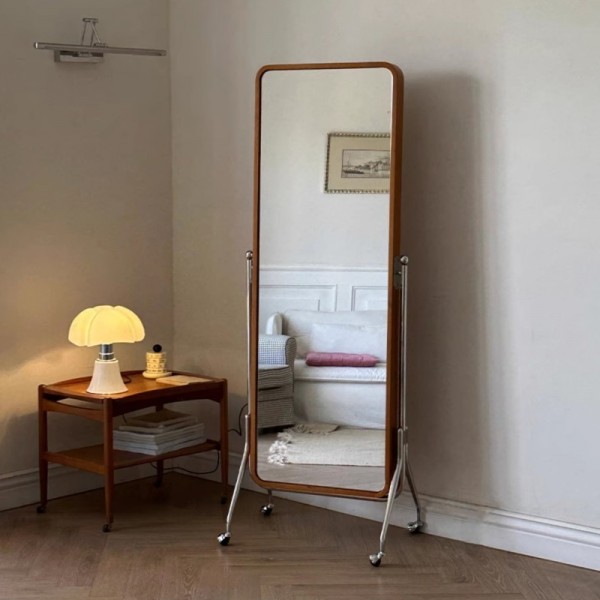 Magazine Mirror Full-length Mirror Movable Stainless Steel Floor Mirror Solid Wood Storage Rack