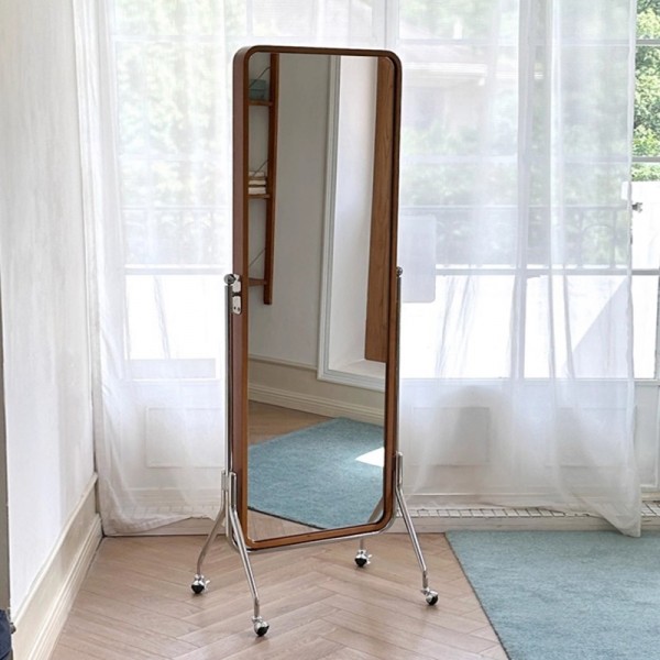 Magazine Mirror Full-length Mirror Movable Stainless Steel Floor Mirror Solid Wood Storage Rack