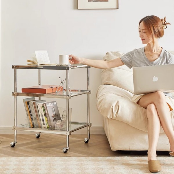 Antique mobile trolley with three layers of Changhong glass storage, light luxury living room side table