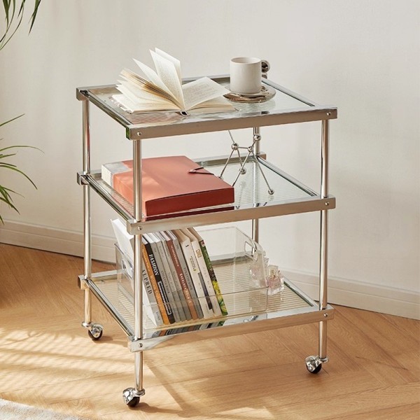 Antique mobile trolley with three layers of Changhong glass storage, light luxury living room side table