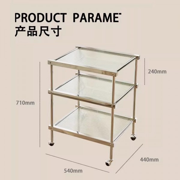 Antique mobile trolley with three layers of Changhong glass storage, light luxury living room side table