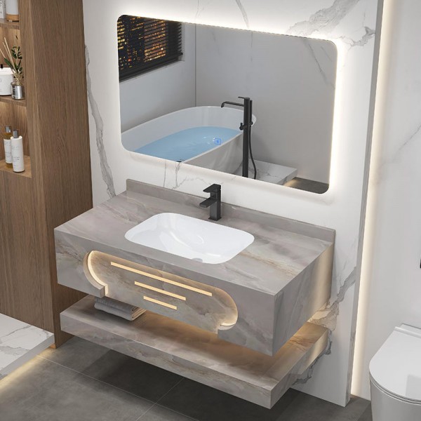 Modern Two Layer Hotels Wall Mounted Induction Lamp Hot Sale Slate Rock Basin Sinks Bathroom Cabinet Bathroom Vanities