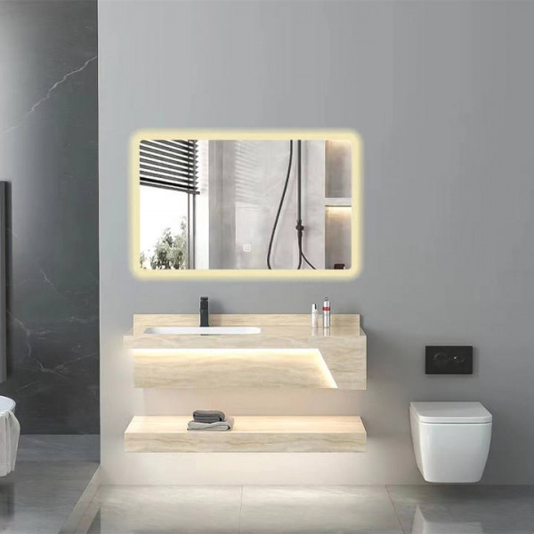 Modern Two Layer Hotels Wall Mounted Induction Lamp Hot Sale Slate Rock Basin Sinks Bathroom Cabinet Bathroom Vanities