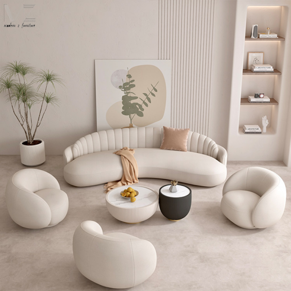 European French Style White Minimalist Couches Luxury Hotel Lobby Furniture Living Room Leather Curved Sectional Sofa for Home