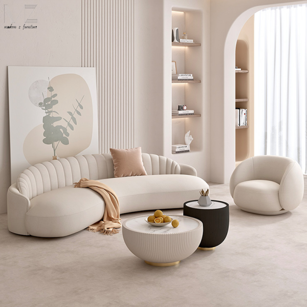 European French Style White Minimalist Couches Luxury Hotel Lobby Furniture Living Room Leather Curved Sectional Sofa for Home