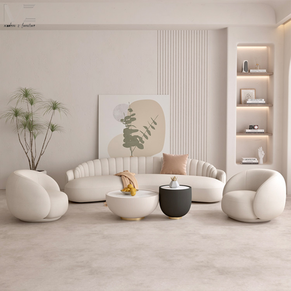 European French Style White Minimalist Couches Luxury Hotel Lobby Furniture Living Room Leather Curved Sectional Sofa for Home