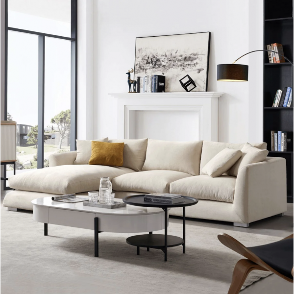Modern Home Living Room Sofa Set Furniture White Linen Feather Cream Beige Fabric L Shaped Corner Modular Couches Sectional Sofa