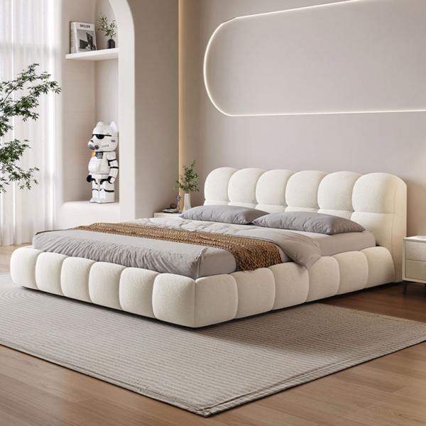Wholesale Popular Puff Soft Bed Set Designer Cream White Fabric Bed Hot Sale Hotel Modern King Bed Frame Wooden Home