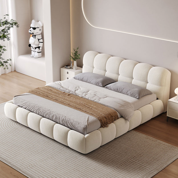 Wholesale Popular Puff Soft Bed Set Designer Cream White Fabric Bed Hot Sale Hotel Modern King Bed Frame Wooden Home