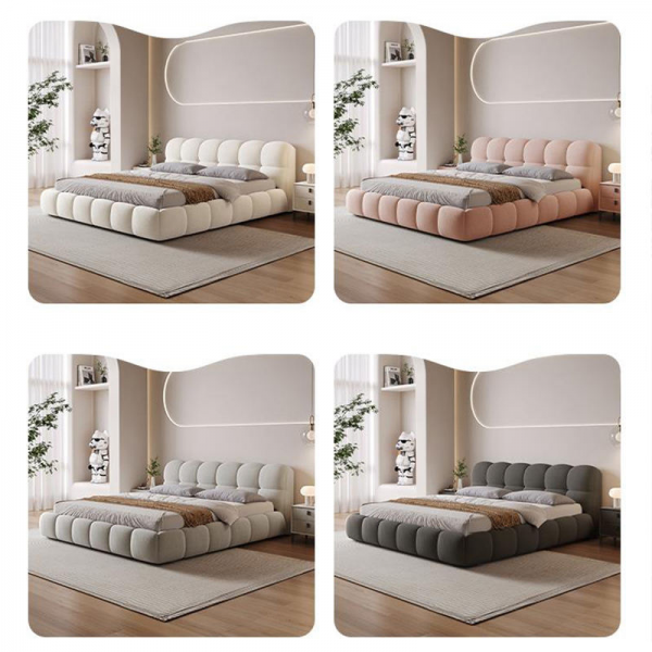 Wholesale Popular Puff Soft Bed Set Designer Cream White Fabric Bed Hot Sale Hotel Modern King Bed Frame Wooden Home