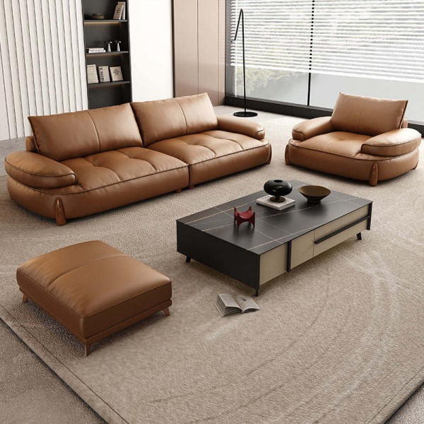 Minimalist Leather Sofa for Living Room Light Luxury Flat Straight Row With Retro Brown One Seat Set