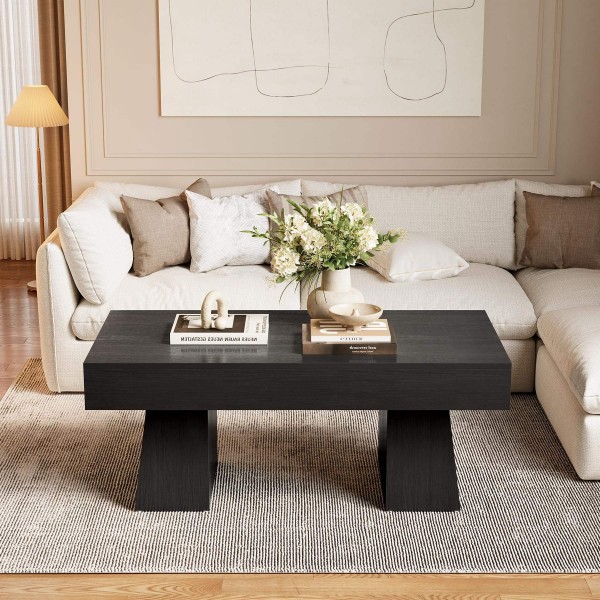 47 Inch Wooden Rectangular Coffee Tables with Thick Base,Modern Low Tea House Furniture for Livingroom