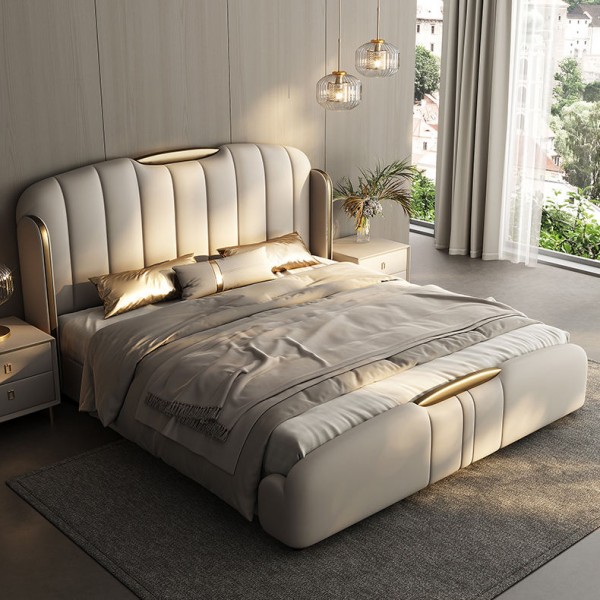 Light Luxury Solid Wood Double Bed Luxury Leather King Bed Cushioned Backrest Bedroom Furniture Set