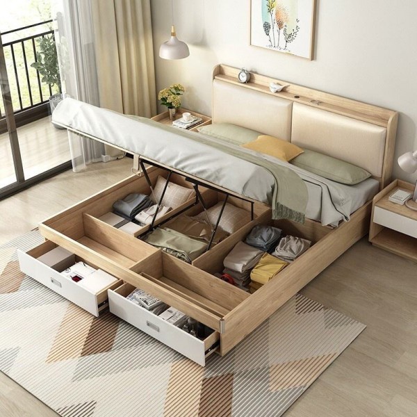 Room Modern Bedroom King Size Multifunctional Furniture Smart Queen Wooden Double Wood Comfort Bed Set With Drawers