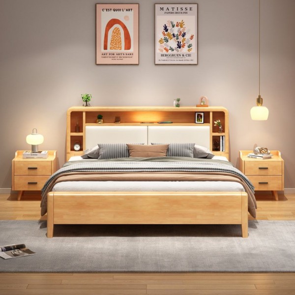 Simple Nordic Style Solid Mango Wood Bedroom Furniture Modern Design Full Size Bed Frame with Storage Wooden Bedroom Set