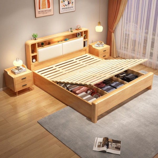 Simple Nordic Style Solid Mango Wood Bedroom Furniture Modern Design Full Size Bed Frame with Storage Wooden Bedroom Set