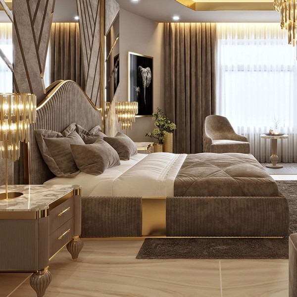 Modern Luxury Bedroom Furniture Set Solid Wood Frame Velvet Cotton Upholstered Bed in Double Full Queen King Sizes