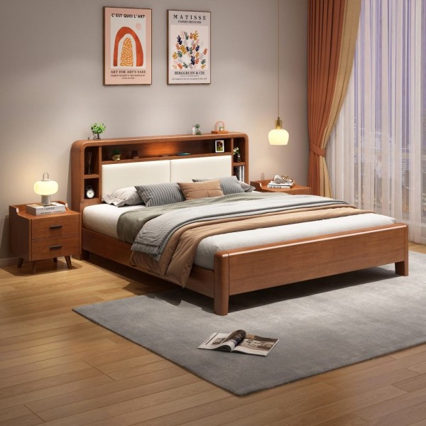 Solid Wood King Size Double Bed Simple Nordic Wabi-sabi Style with Storage Modern Bedroom Furniture Set