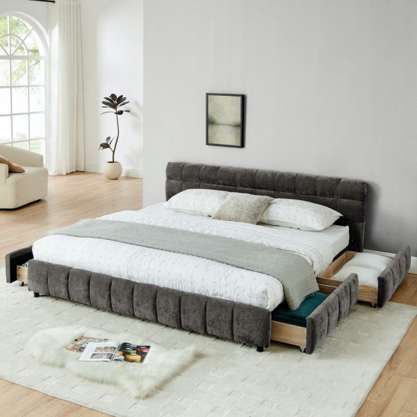 Modern Luxury Queen/King Size Upholstered Bed Frame Soft Chenille Fabric Bedroom Furniture with Wooden Structure